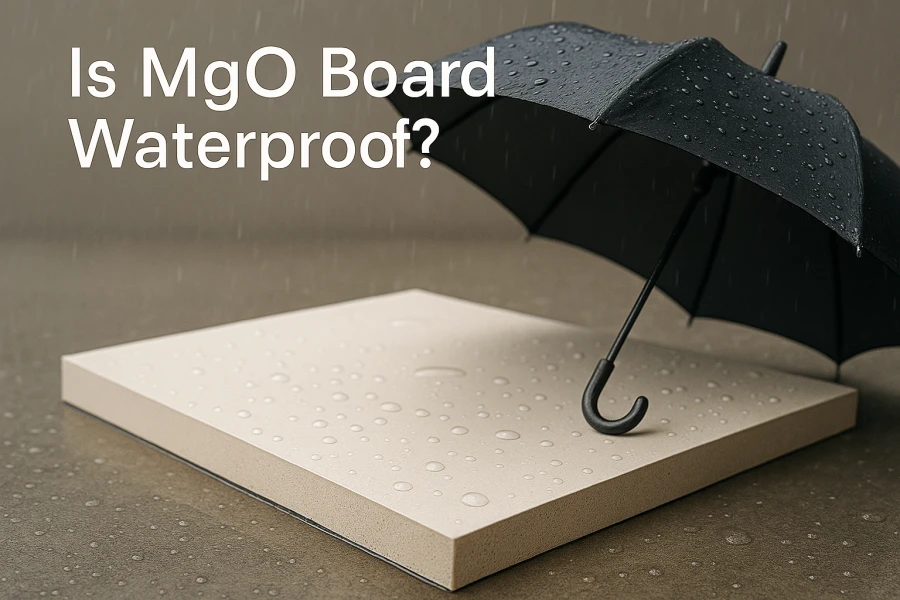A white mgo board placed flat, with rain and an umbrella on top, with text "is mgo board waterproof?"