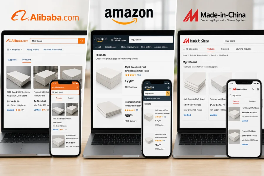 MgO board listings on Alibaba, Amazon, and Made-in-China, showing online marketplace options for purchasing magnesium oxide boards.