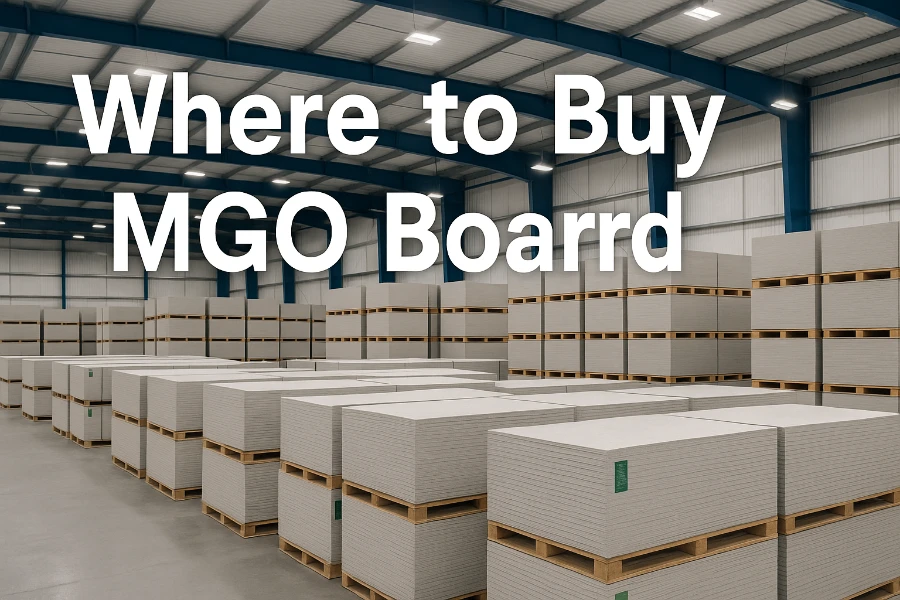 where to buy MGO board – warehouse with neatly stacked Magnesium Oxide boards ready for construction projects
