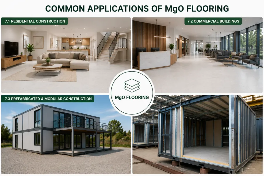 Infographic showing common applications of MgO flooring in residential construction, commercial buildings, and prefabricated modular construction, including modern apartments, offices, modular homes, and steel-frame container structures.