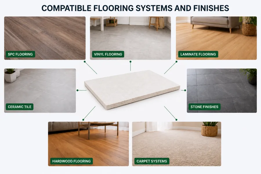 Compatibility infographic showing MgO flooring panels supporting multiple floor finishes including SPC flooring, vinyl flooring, laminate flooring, ceramic tile, stone finishes, hardwood flooring, and carpet systems in modern construction applications.