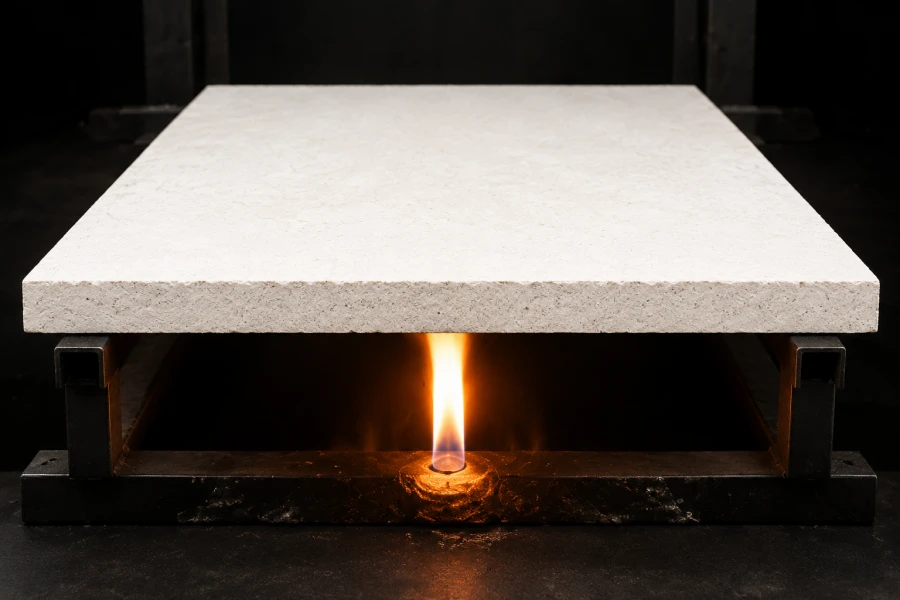 Fire resistance test of MgO flooring panel showing an off-white magnesium oxide board exposed to direct flame while maintaining structural integrity without visible burning or deformation.