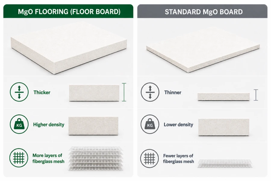 MgO flooring vs standard MgO board comparison infographic showing thicker structure, higher density, and multiple fiberglass mesh layers in MgO floor board compared with thinner standard MgO board panels.