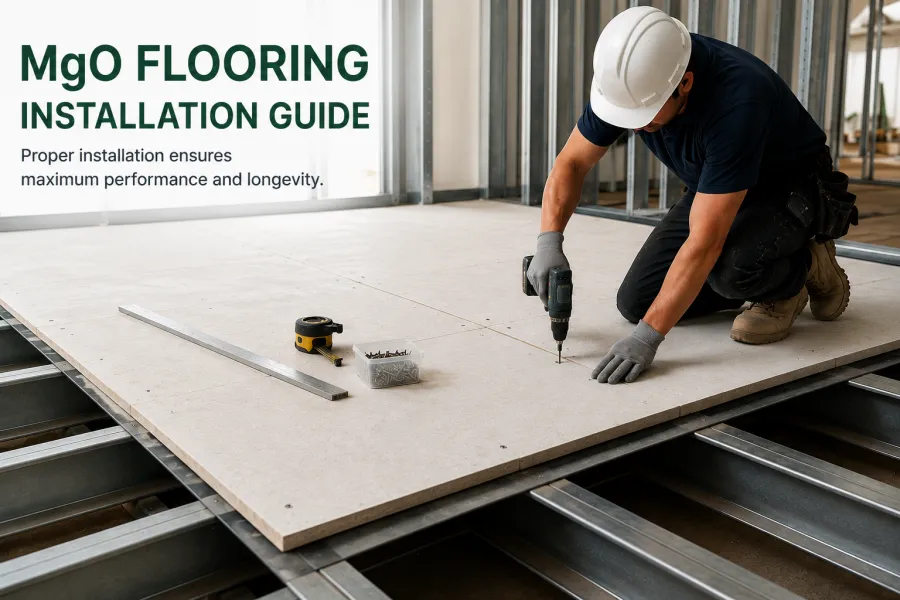 Construction worker installing off-white MgO flooring panels over a steel floor framing system using screws and power tools, demonstrating proper magnesium oxide flooring installation for modular and steel-frame construction projects.