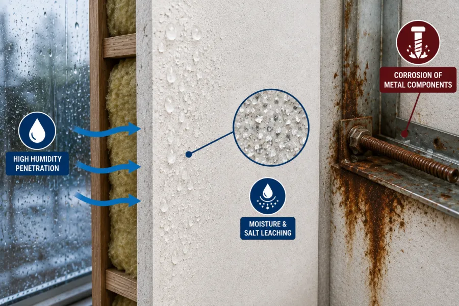 Moisture and salt leaching from MgO board causing metal corrosion in Denmark