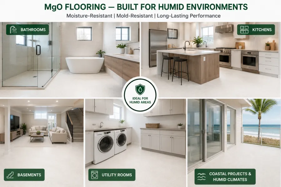 Modern MgO flooring application infographic showing moisture-resistant magnesium oxide flooring used in bathrooms, kitchens, basements, utility rooms, and coastal residential projects designed for humid environments and long-term durability.