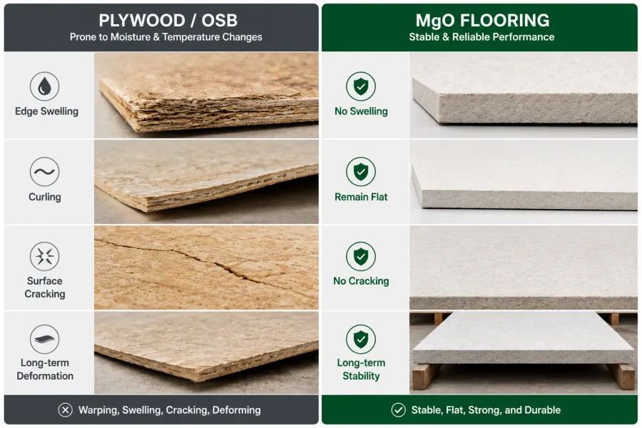 Comparison infographic showing plywood and OSB subfloor deformation issues such as swelling, curling, cracking, and warping alongside stable MgO flooring panels that remain flat, crack-free, and dimensionally stable under moisture and temperature changes.