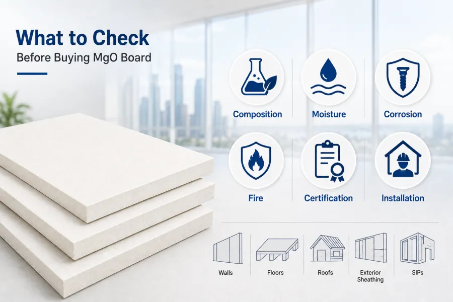 White magnesium oxide boards with key quality checks for composition, moisture, corrosion, fire and certification