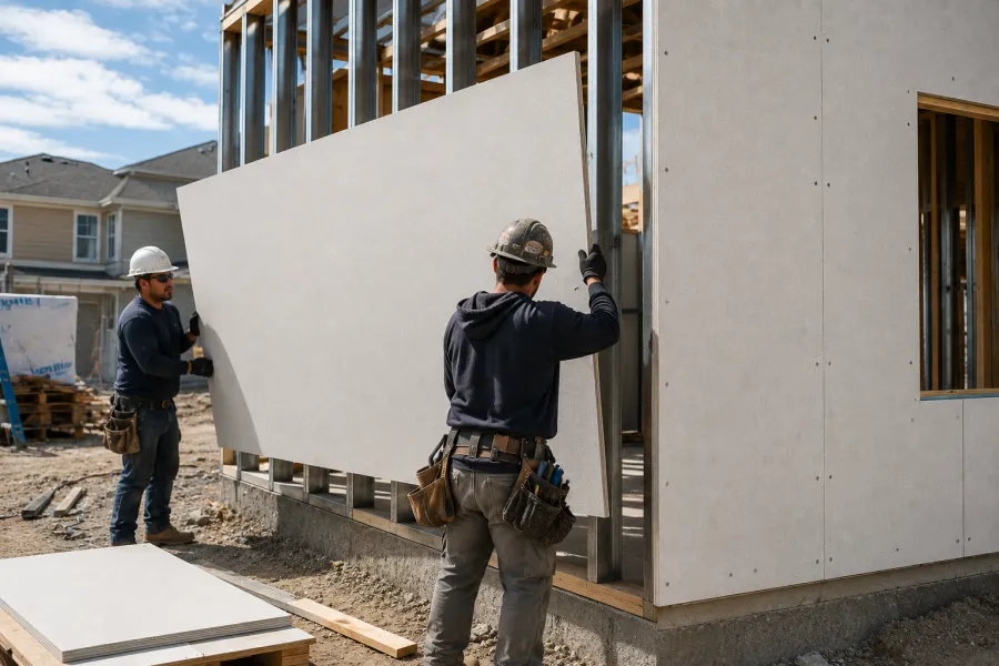 Construction workers installing large MgO sheathing boards onto a steel-frame building wall at an active job site, demonstrating durability and real-world construction applications.
