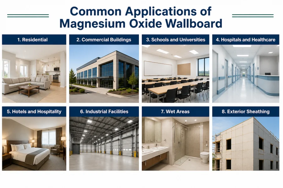 Common applications of magnesium oxide wallboard, including residential construction, commercial buildings, schools, hospitals, hotels, industrial facilities, wet areas, and exterior sheathing projects.