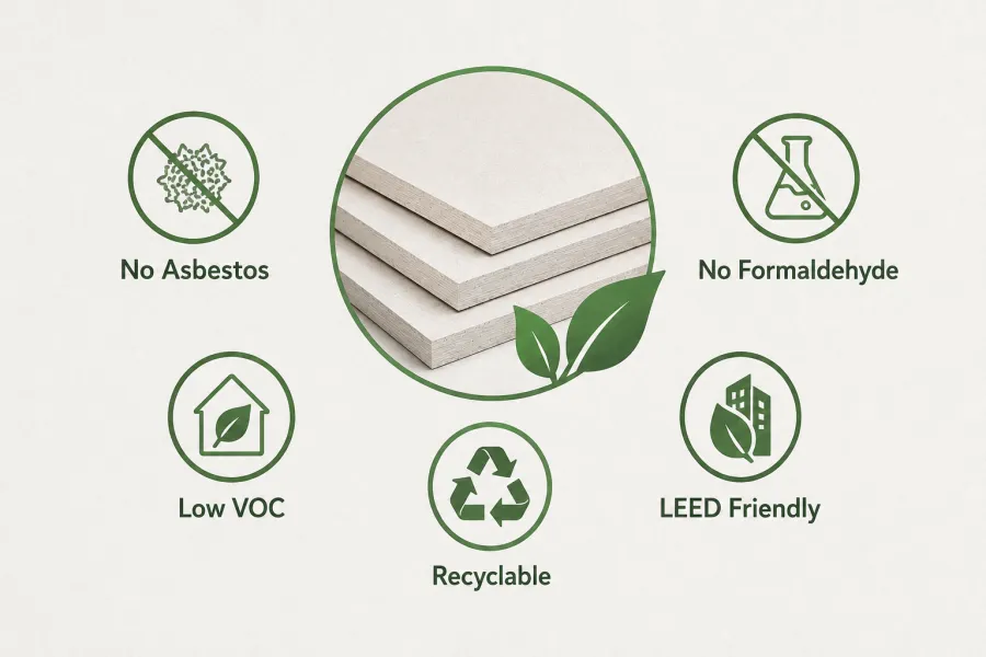 Eco-friendly MgO sheathing board infographic highlighting no asbestos, no formaldehyde, low VOC emissions, recyclability, and LEED-friendly building benefits.