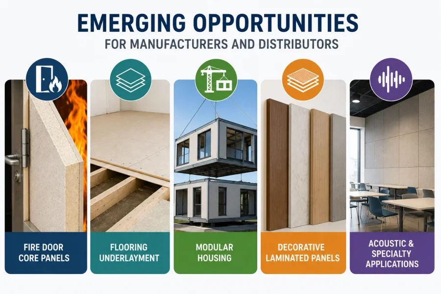 Emerging opportunities in the magnesium oxide board industry, including fire door core panels, flooring underlayment, modular housing, decorative laminated panels, and acoustic applications.