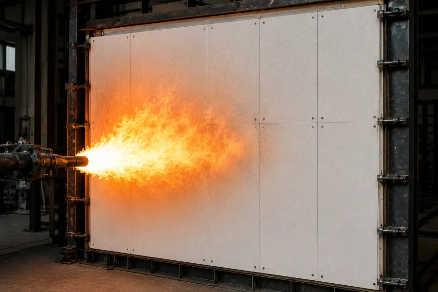 Industrial fire resistance test showing intense flames directed at a large MgO sheathing wall panel inside a testing facility, demonstrating non-combustible performance and fire protection.