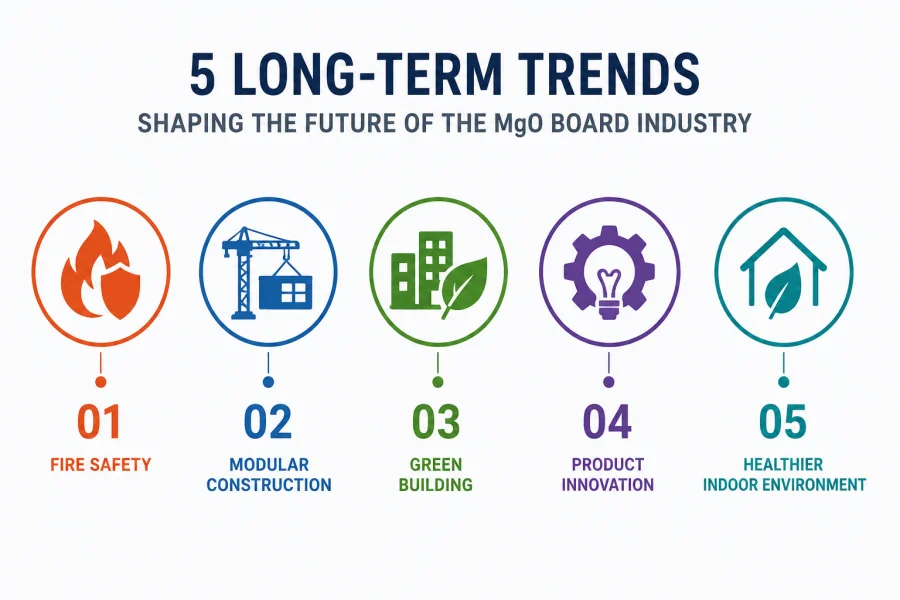 Five long-term trends shaping the future of the magnesium oxide board industry, including fire safety, modular construction, green building, product innovation, and healthier indoor environments.