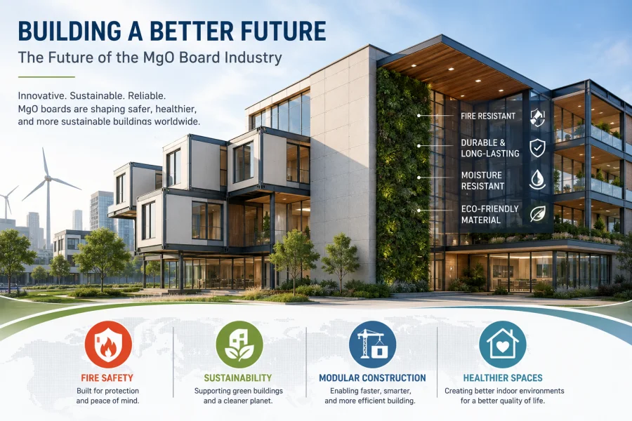 Future of the magnesium oxide board industry featuring sustainable modular buildings, fire-resistant construction materials, and eco-friendly building solutions.