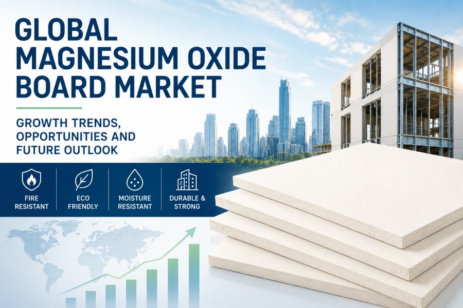 Global magnesium oxide board market report cover featuring stacked MgO boards, modern construction framing, city skyline, and growth trend graphics representing industry opportunities and future outlook.