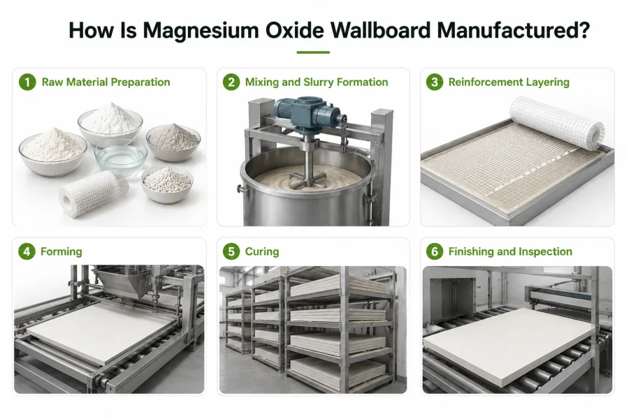 Infographic illustrating the six-step magnesium oxide wallboard manufacturing process, including raw material preparation, mixing, reinforcement layering, forming, curing, and quality inspection.