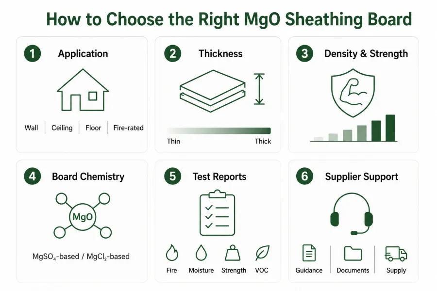 Minimalist infographic showing key factors for choosing the right MgO sheathing board, including application, thickness, density, board chemistry, test reports, and supplier support