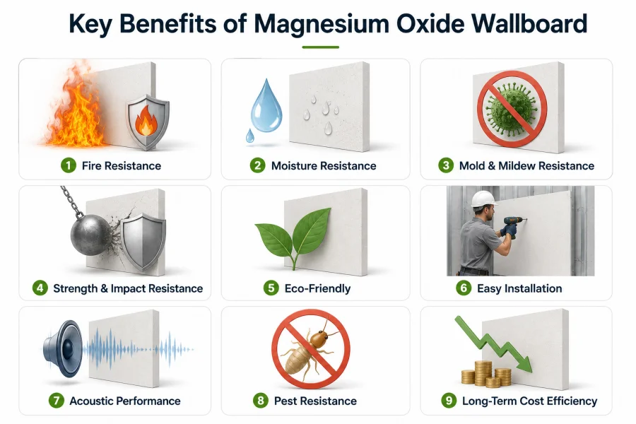 Key benefits of magnesium oxide wallboard illustrated in a nine-panel infographic, highlighting fire resistance, moisture resistance, mold resistance, impact strength, sustainability, easy installation, sound insulation, pest resistance, and long-term cost savings.