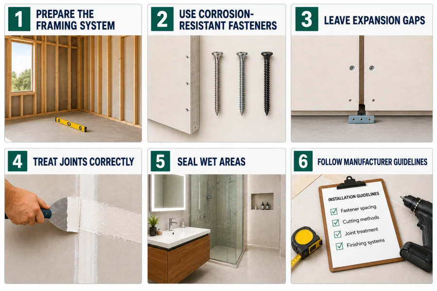 Step-by-step installation best practices for magnesium oxide wallboard, showing framing preparation, fastener selection, expansion gaps, joint finishing, wet area protection, and proper installation procedures.