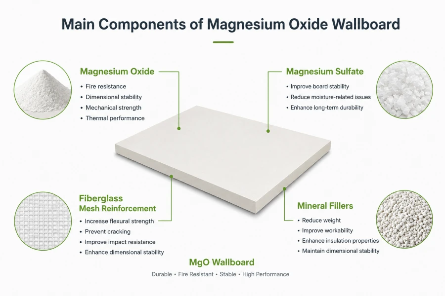 Diagram illustrating the key components of magnesium oxide wallboard, including magnesium oxide, magnesium sulfate, fiberglass mesh reinforcement, and mineral fillers used in modern MgO boards.