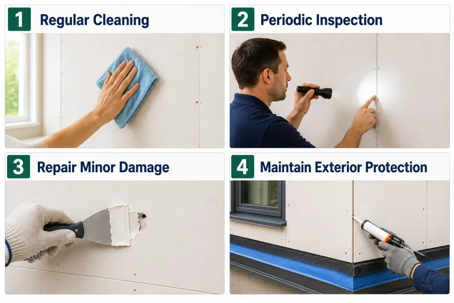 Infographic illustrating maintenance tips for magnesium oxide wallboard, including regular cleaning, periodic inspection, minor damage repair, and exterior protection maintenance to maximize service life and durability.