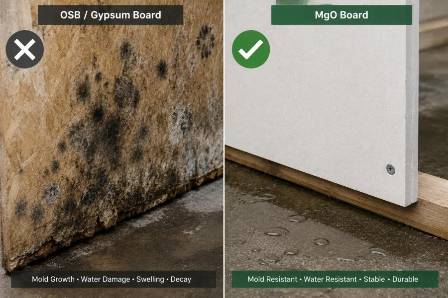 Side-by-side comparison showing mold-damaged OSB board versus clean moisture-resistant MgO board, highlighting the superior mold and water resistance of magnesium oxide sheathing.