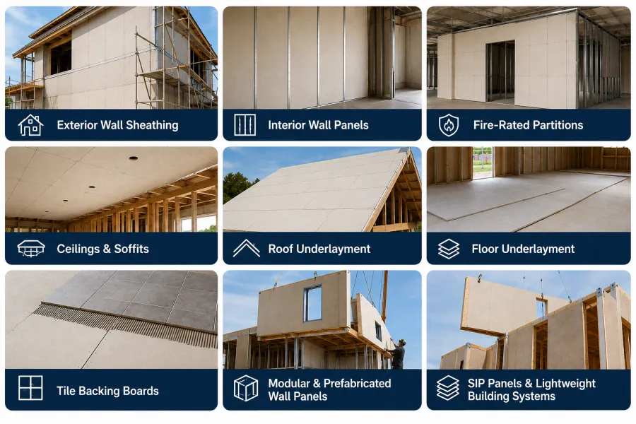 Grid infographic showing multiple MgO sheathing board applications including exterior walls, interior wall panels, ceilings, flooring, roof underlayment, modular construction, and SIP building systems.