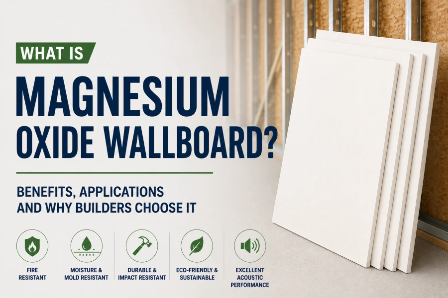 Off-white magnesium oxide wallboard panel highlighting fire resistance, moisture resistance, durability, and eco-friendly performance for modern construction projects.