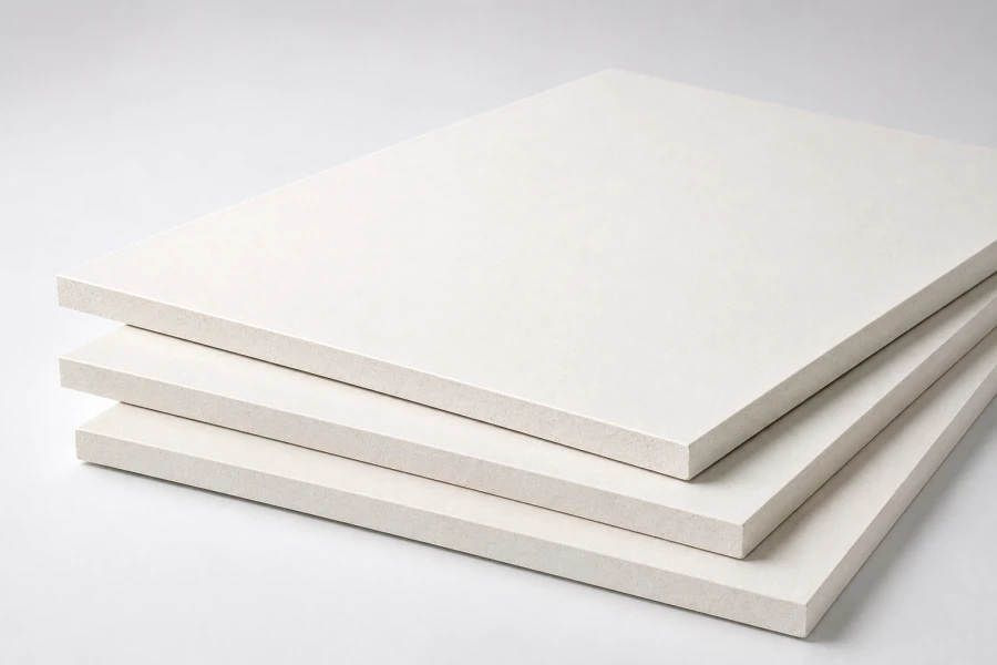 Off-white magnesium oxide wallboard panels stacked in a studio setting, illustrating the appearance of MgO wallboard used for fire-resistant, moisture-resistant, and durable wall systems.