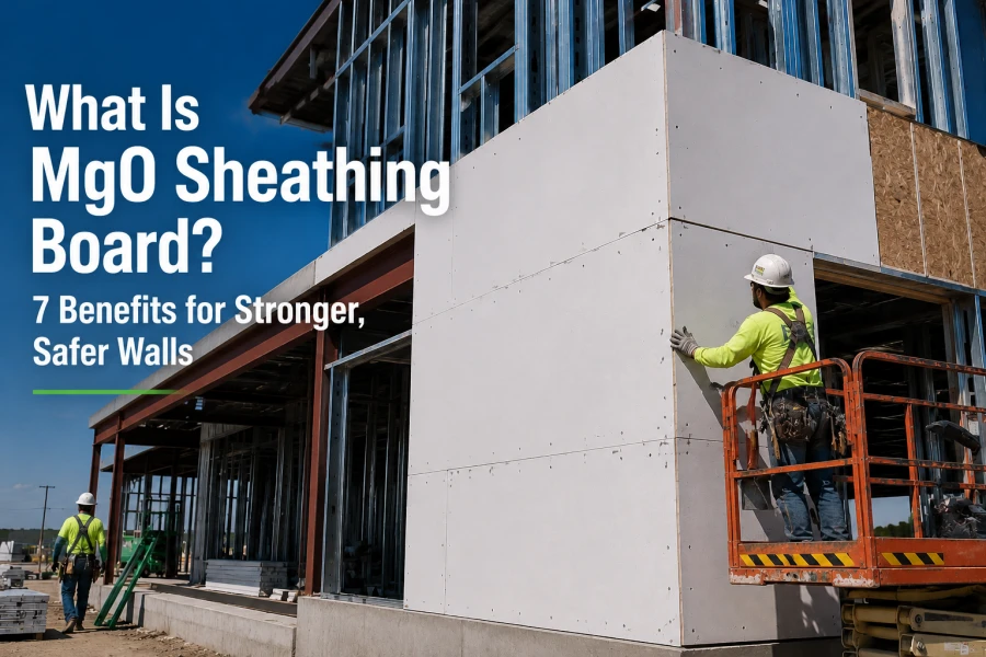 Modern construction site with workers installing white MgO sheathing boards on a steel-frame building exterior under a clear blue sky, illustrating fire-resistant wall construction.