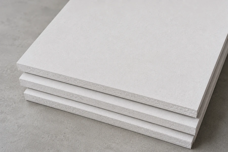 Stacked white MgO sheathing boards on a smooth concrete surface, showing clean edges and a minimalist product presentation for modern construction materials.