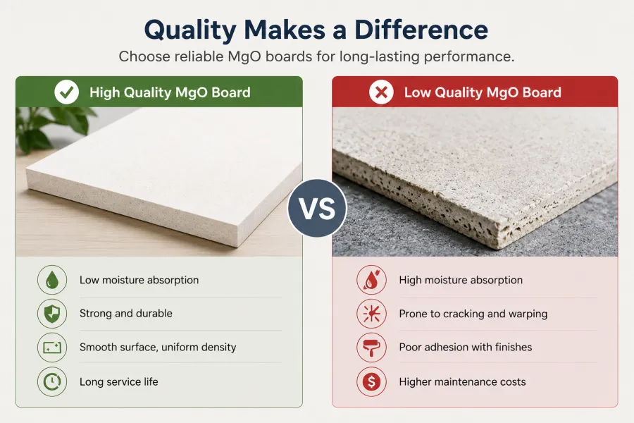 Comparison of high-quality and low-quality MgO boards showing differences in moisture absorption, cracking, warping, and surface quality
