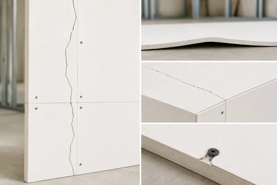 MgO board showing cracks, warping, and installation-related damage