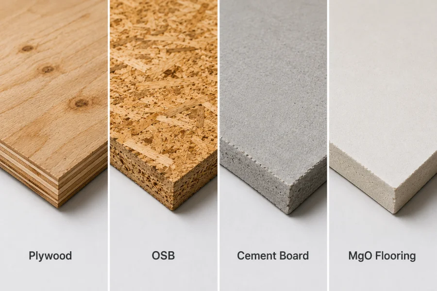 Comparison of plywood, OSB, cement board, and MgO flooring panels showing material texture, edge structure, surface finish, and thickness differences in modern subfloor construction materials.