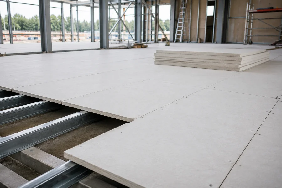Modern MgO flooring installation inside a steel-frame commercial building, featuring white magnesium oxide floor boards installed over metal joists with clean panel joints and exposed subfloor structure.