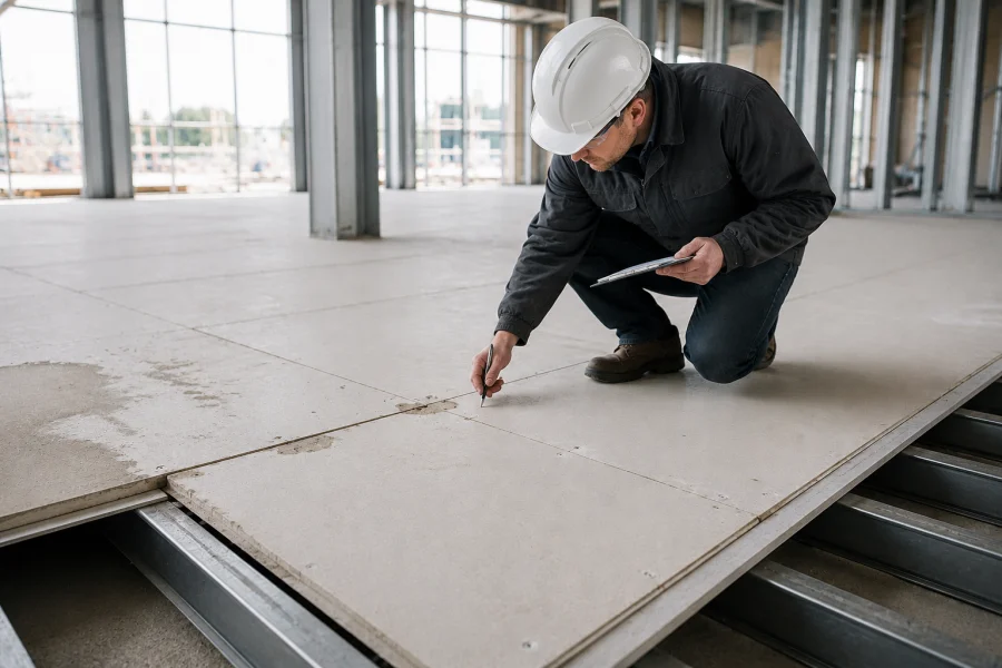 Engineer inspecting MgO flooring installation inside a modern steel-frame construction site, examining panel joints and surface conditions on white magnesium oxide floor boards installed over metal joists.