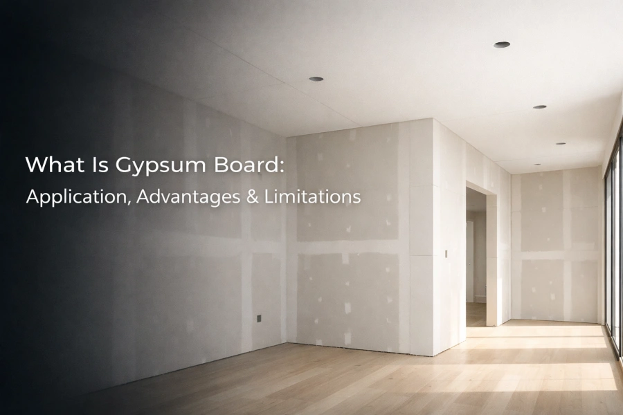 Gypsum board construction interior showing applications in walls and ceilings with title What Is Gypsum Board: Application, Advantages & Limitations