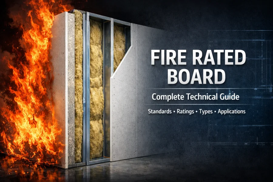 Fire rated board wall assembly resisting flames, technical cross-section showing insulation and steel framing