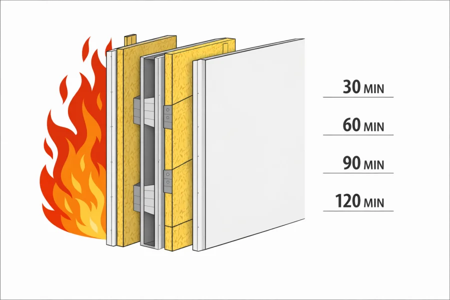 Illustration style: flames on the left side, a wall assembly made of magnesium oxide board and mineral wool in the center, and the text “30 min, 60 min, 90 min, 120 min” displayed on the right side.
