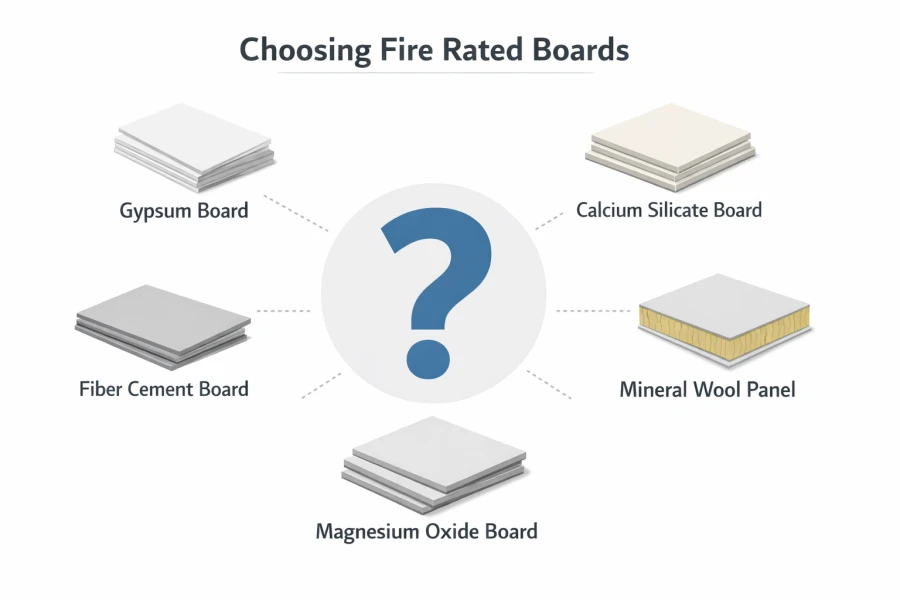 Infographic showing different fire rated board types including gypsum, calcium silicate, fiber cement, mineral wool, and magnesium oxide board with a central question mark representing selection decision.