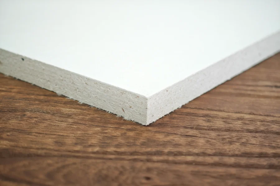 A white magnesium oxide board placed on a wood-grain table