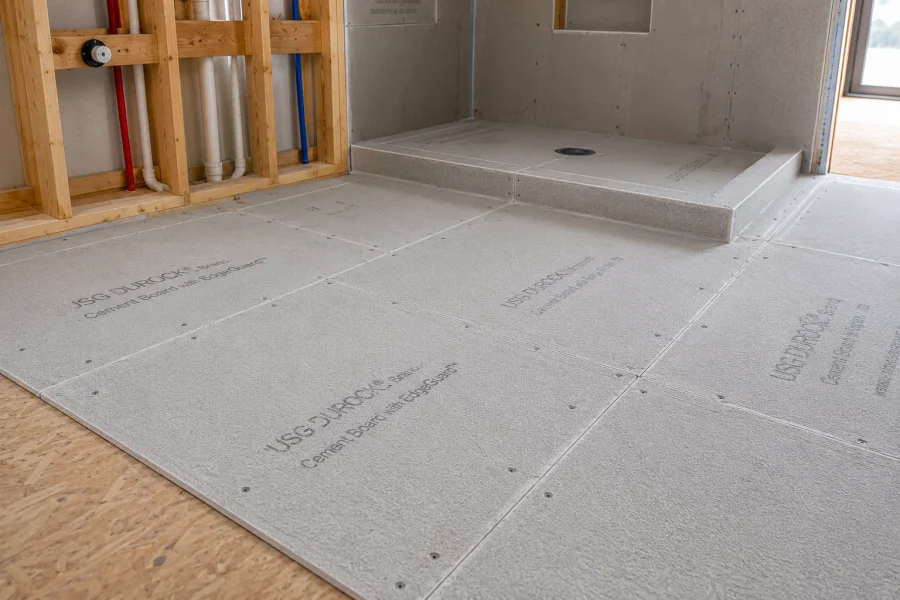 Cement board subfloor installed in a bathroom under renovation with shower base and plumbing framing