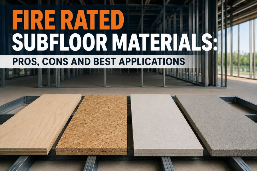 Cover image comparing plywood, OSB, MgO board, and cement board subfloor materials in a modern steel-frame construction environment