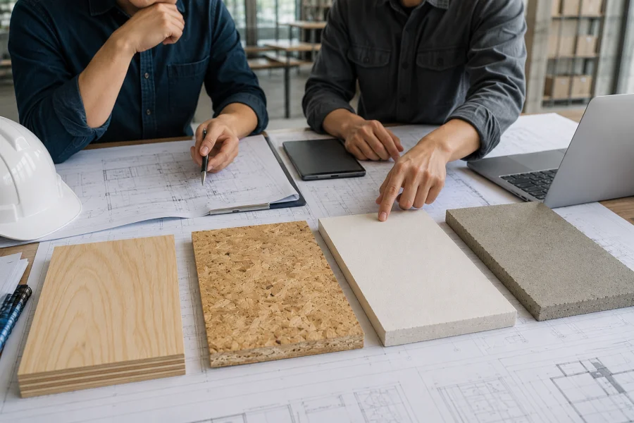 Architects comparing plywood, OSB, MgO board, and cement board samples during subfloor material selection and project planning
