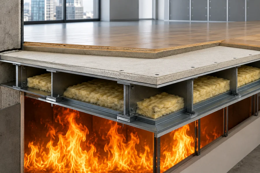 Technical cutaway illustration of a fire-rated subfloor assembly with steel joists and flame exposure below
