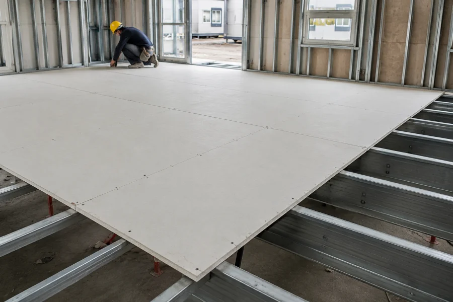 White MgO subfloor panels installed over lightweight steel floor framing in modular building construction