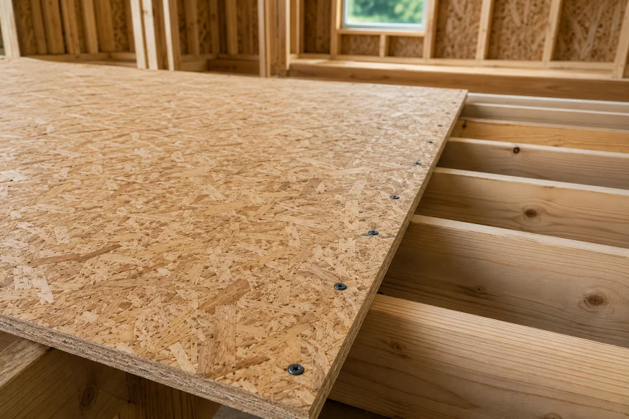 Close-up view of OSB subfloor panels installed over wooden floor joists in residential construction