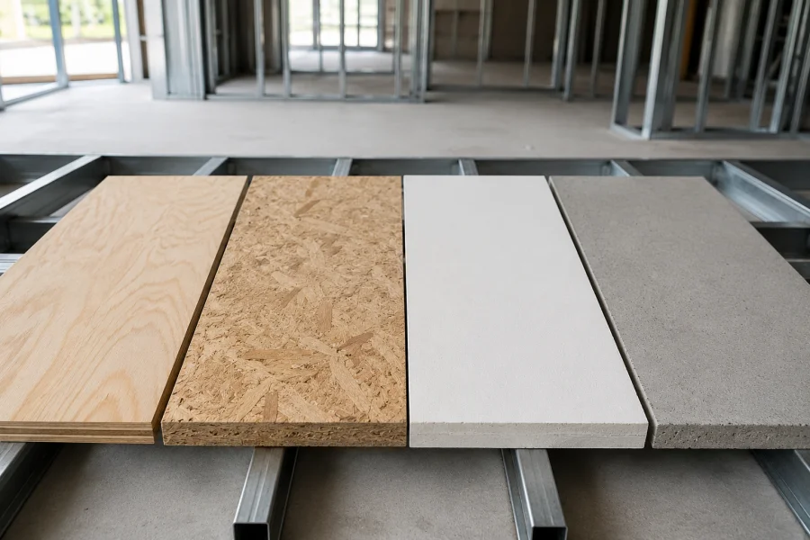Side-by-side comparison of plywood, OSB, MgO board, and cement board panels installed over steel floor framing in a modern construction environment