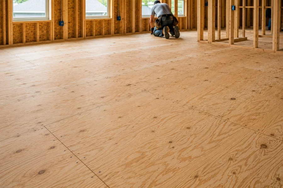 Plywood subfloor panels installed in a residential wood-frame building under construction